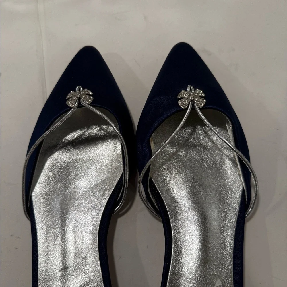 Creative Sugar Blue Satin Rhinestones Flat Shoes Silver Heel Formal Sz 39 US 8.5